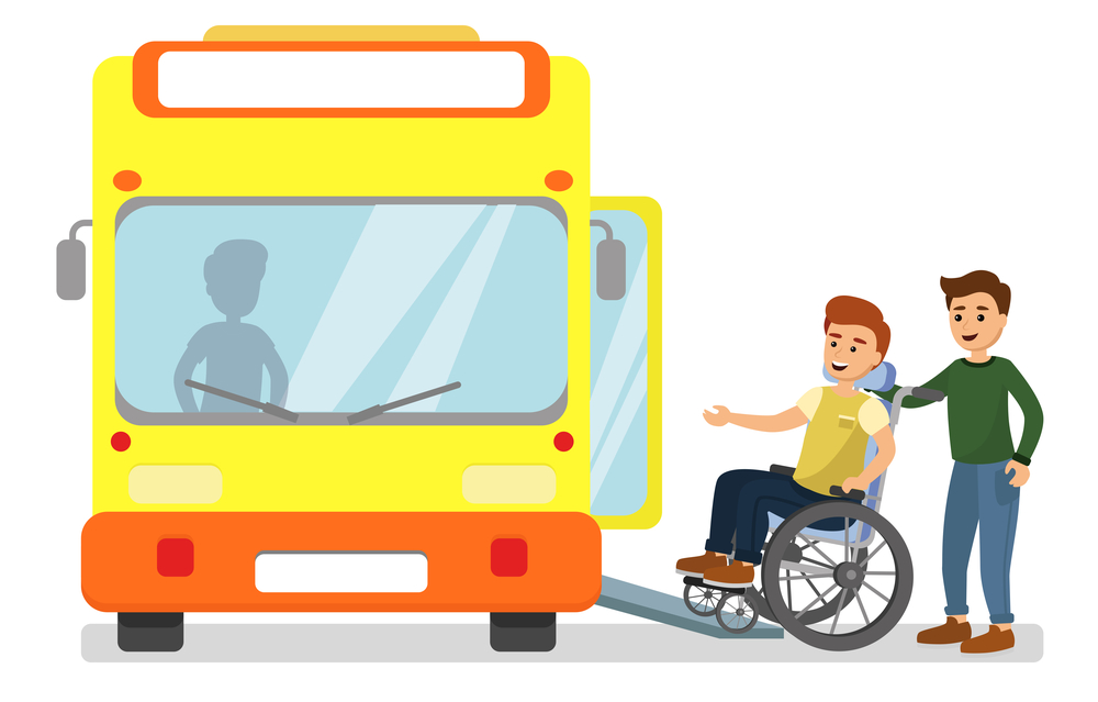 two people waiting to board an accessible bus, one using a wheelchair